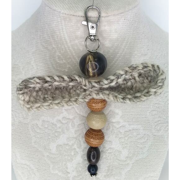 Artisan Firefly Keychain Crochet Wings Vintage Beads Earthy Bag Charm Purse - Picture 3 of 12